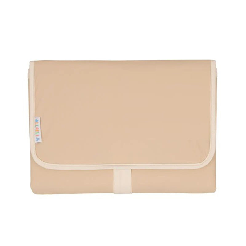 The All4Ella Recycled Changing Wallet Latte is a folded beige changing wallet with white trim and a colorful fabric tag, shown on a plain white background—an eco-friendly essential for nappy changes from All4Ella.