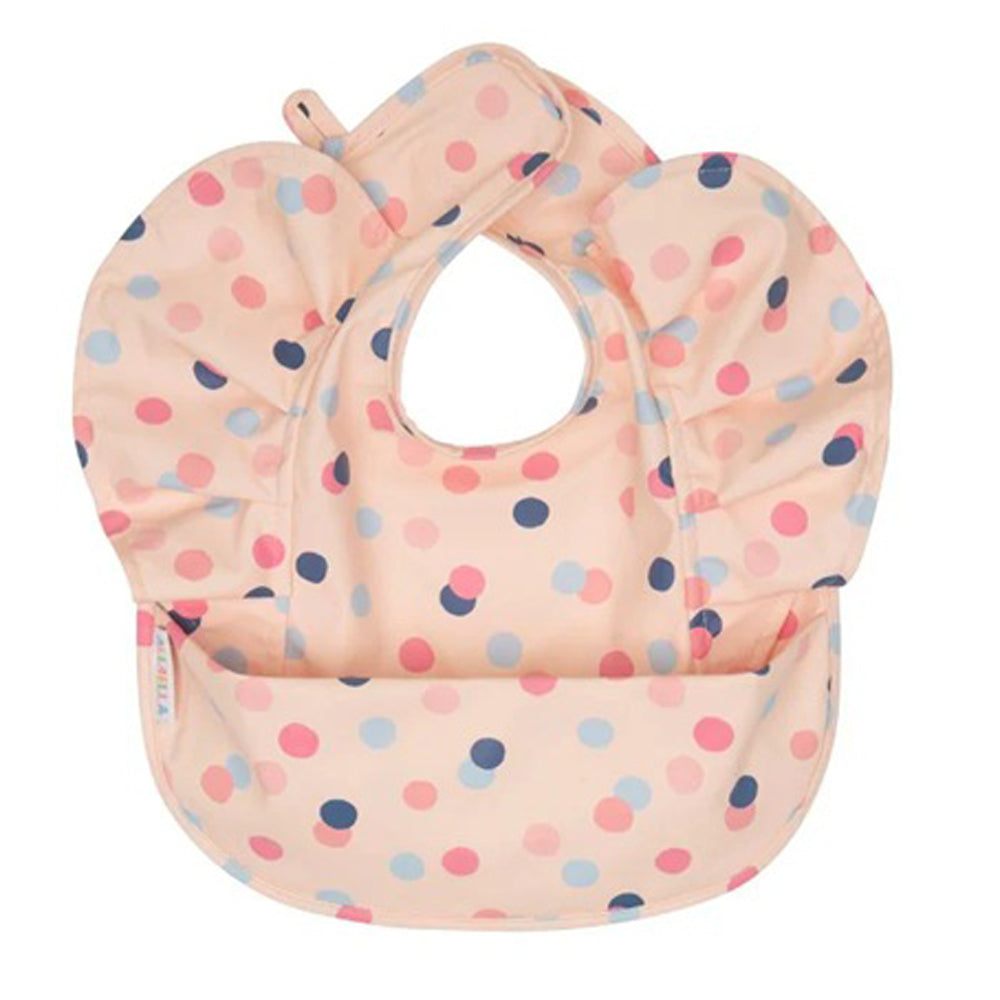 The All4Ella Recycled Frills Bib Confetti is a light pink, waterproof bib with ruffled shoulders, a food-catching pocket, and colorful confetti dots. Its adjustable neck strap ensures a secure fit for your child.