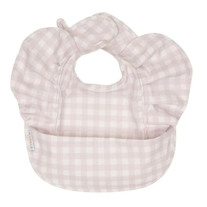 The All4Ella Recycled Frills Bib Gingham Lilac features pink and white checks, ruffled shoulders, a spill-catching pouch, soft fabric, and a Velcro neck closure.