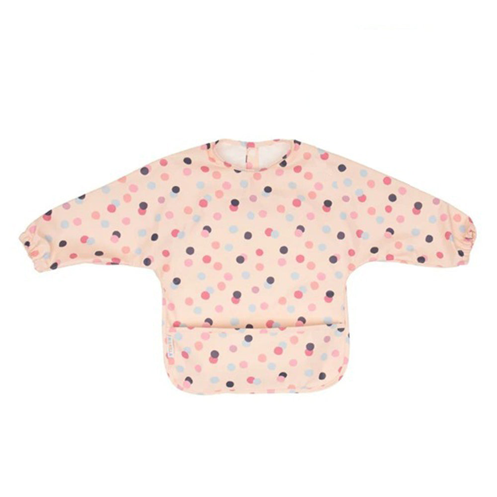 The All4Ella Recycled Long Sleeve Bib Confetti is a waterproof, light pink bib with colorful polka dots and a front pocket, designed to protect your baby's clothing during mealtime or messy play.