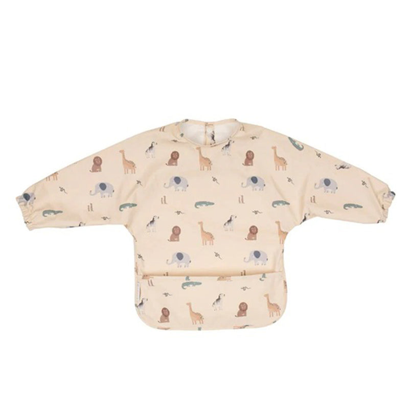 The All4Ella Recycled Long Sleeve Bib Wild Animals is a beige, waterproof children's bib with animal prints. It covers the chest, arms, and lap, featuring a pocket to catch spills for full protection.
