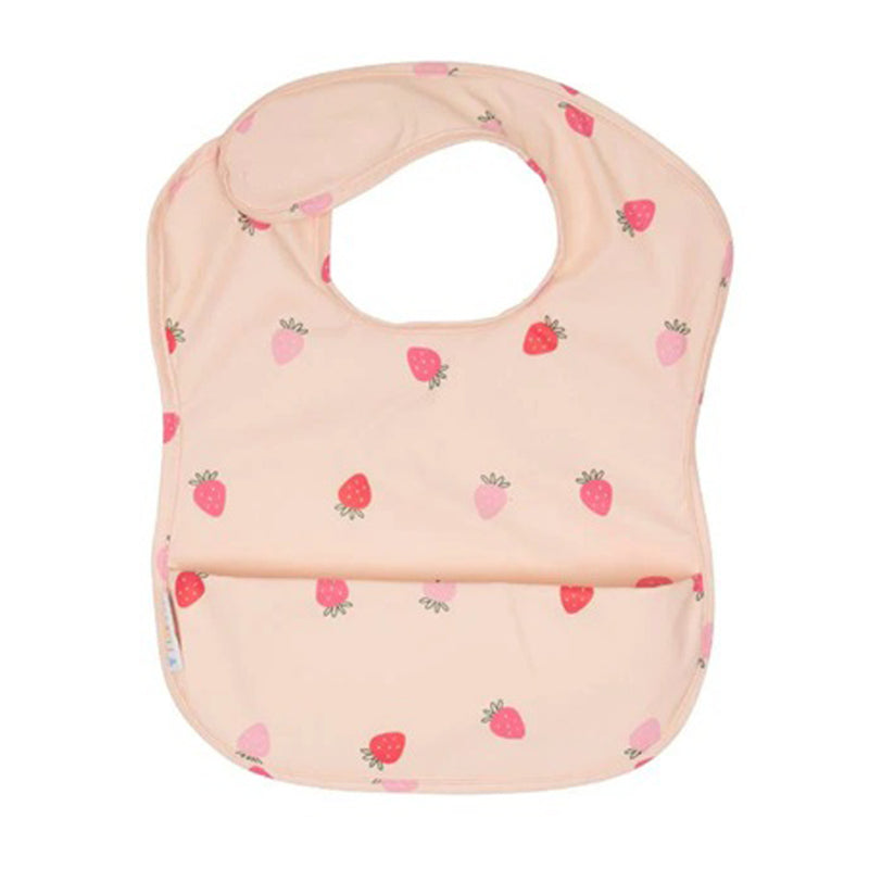 The All4Ella Recycled Pouch Bib Strawberries is a light pink, eco-friendly baby bib with red and pink strawberry patterns, a round neck opening, and a bottom pocket to catch food.
