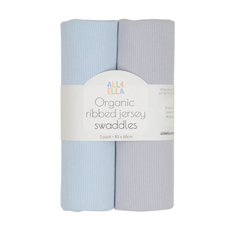 The All4Ella Ribbed Jersey Swaddles 2pk Blue & Grey includes two soft, organic ribbed jersey swaddles—one light blue and one light grey—perfect as cozy newborn blankets for your little one.