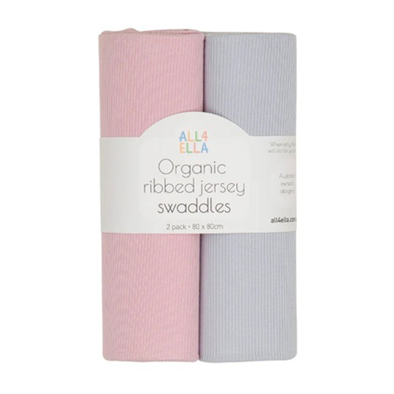 The All4Ella Ribbed Jersey Swaddles 2pk Pink & Grey includes two soft organic swaddles—one pink, one grey—ideal as a cozy newborn blanket for your baby’s comfort. Packaged together with an All4Ella label.