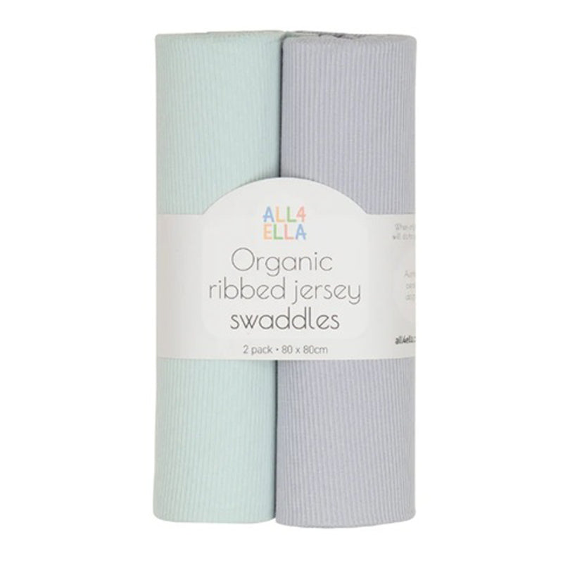 Two rolled All4Ella Ribbed Jersey Swaddles (2pk) in sage and grey, 80 x 80 cm each, wrapped in a white label—ideal as soft newborn blankets.
