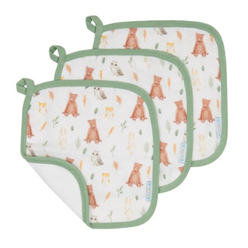 All4Ella Wash Cloths 3pk Forest Friends features three square wash cloths with green trim and cute animal prints—bears, owls, foxes, and rabbits. Made from 100% organic cotton, each has a corner loop for hanging; one is shown partially folded.