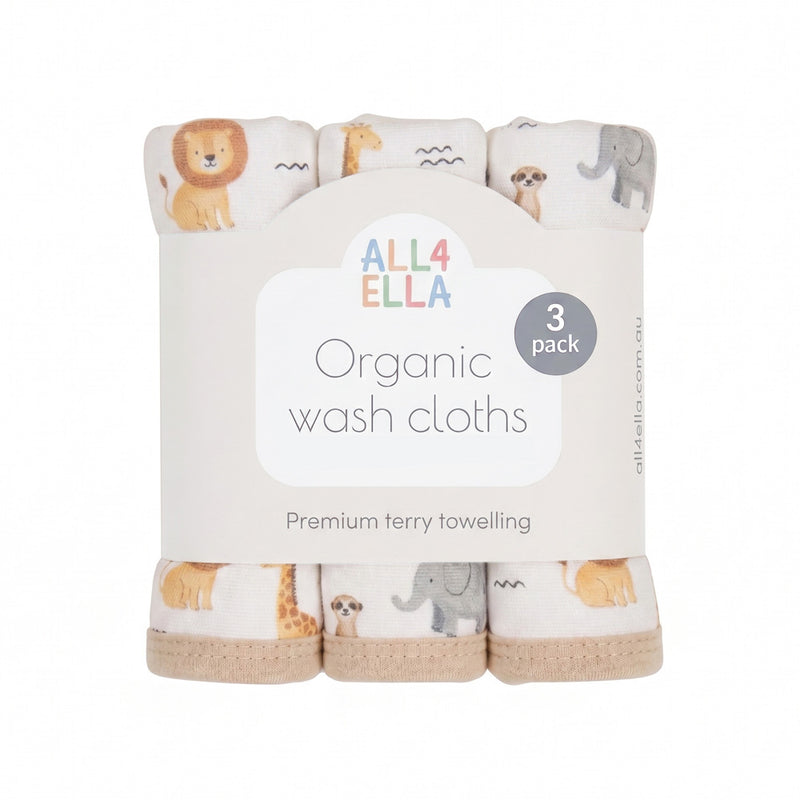 All4Ella Wash Cloth 3pk Wild Animals