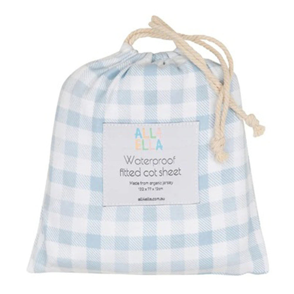 All4Ella Waterproof Fitted Cot Sheet Gingham Blue