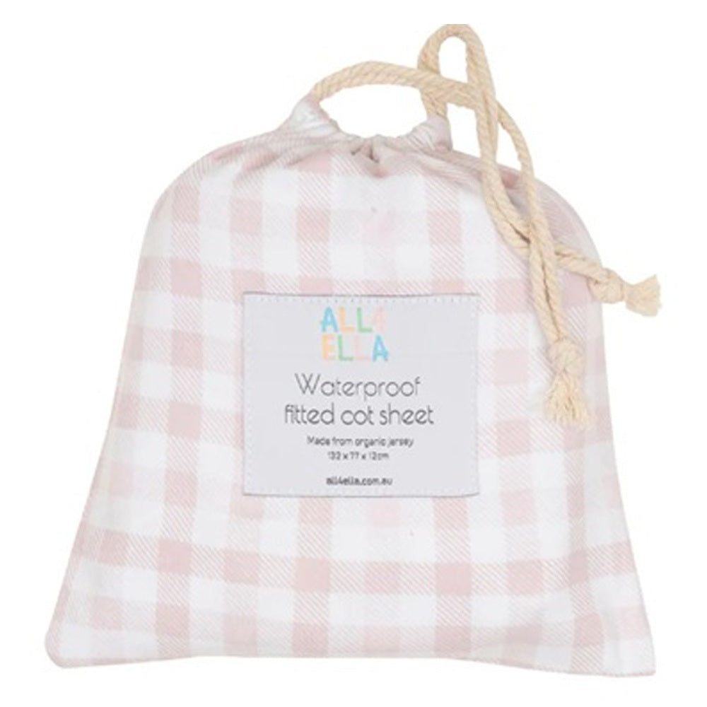 All4Ella Waterproof Fitted Cot Sheet Gingham Pink