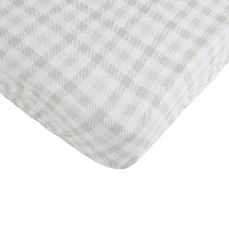 Close-up of the All4Ella Waterproof Fitted Cot Sheet Gingham Sage, featuring a stylish gingham pattern—a must-have nursery essential that blends All4Ella quality with practicality.