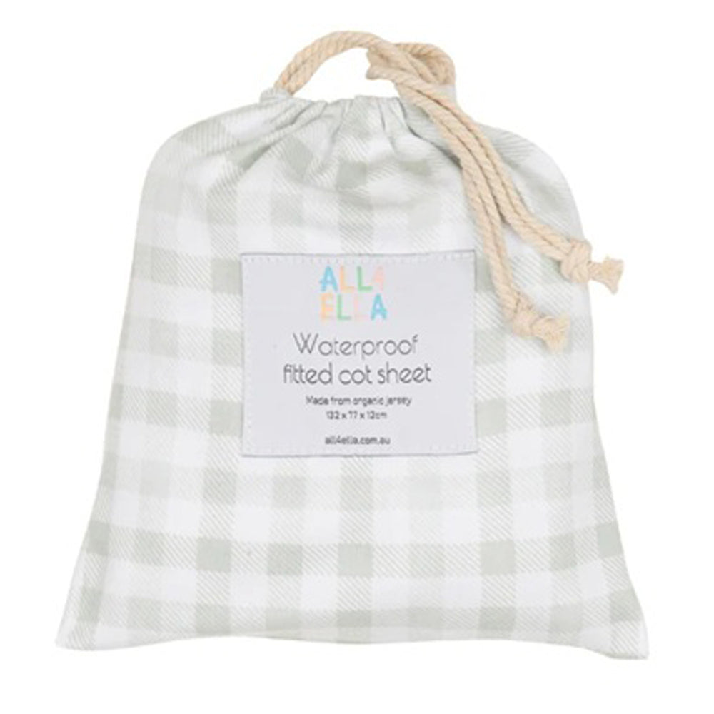 All4Ella Waterproof Fitted Cot Sheet Gingham Sage
