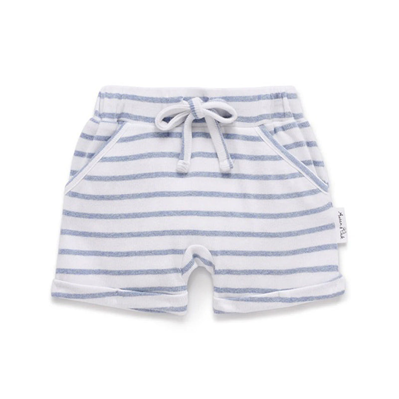 Aster & Oak Blue Stripe Rib Shorts feature light blue and white stripes, an elastic waistband with drawstring tie, and two front pockets—crafted from organic cotton for comfy, sustainable kidswear.
