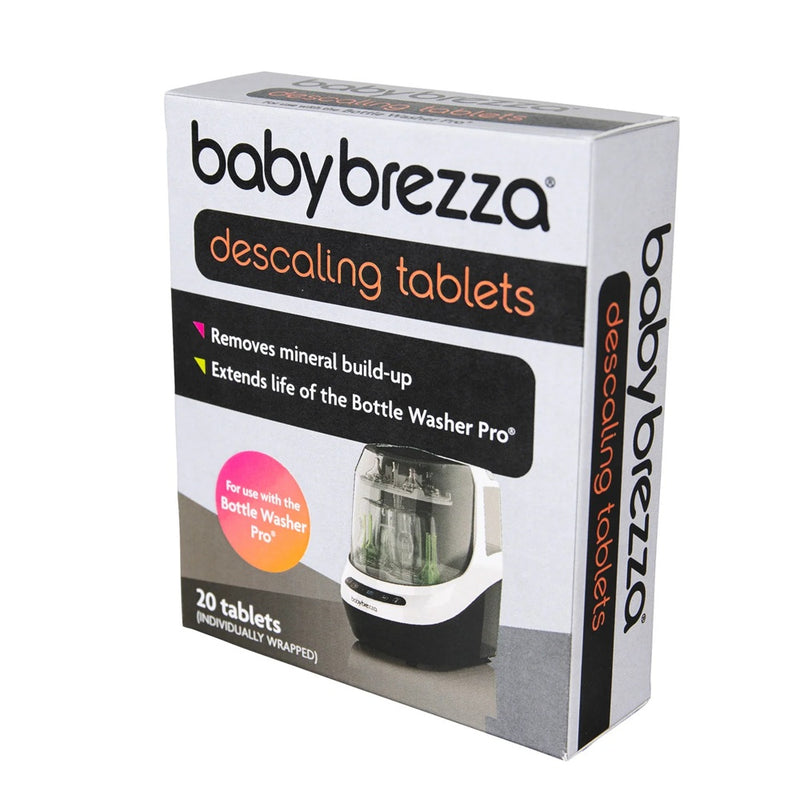 A box of Baby Brezza Descaling Tablets for Bottle Washer Pro, with 20 individually wrapped tablets, removes mineral build-up and helps extend your Bottle Washer Pro’s life.