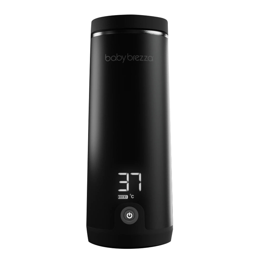 A black Baby Brezza Superfast Portable Bottle Warmer with a digital display reading 37°C and a power button beneath, shown on a plain white background.