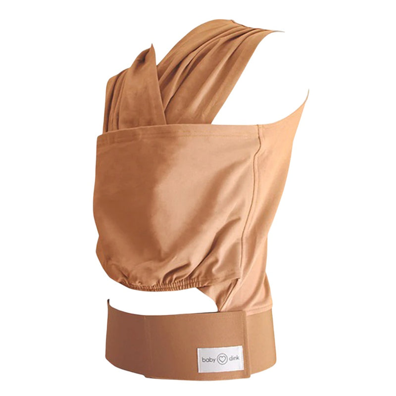 The BabyDink Carrier Maple by BabyDink is a tan baby carrier with wide shoulder straps and a supportive waistband, displayed on a mannequin torso—ideal for convenient newborn babywearing.