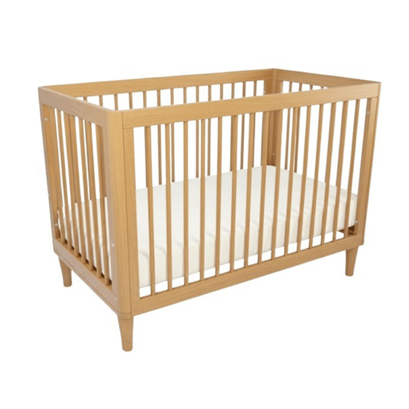 The Babyhood Riya Cot 5 in 1 by Babyhood features vertical wooden slats on all sides and a white mattress, showcased against a plain white background.