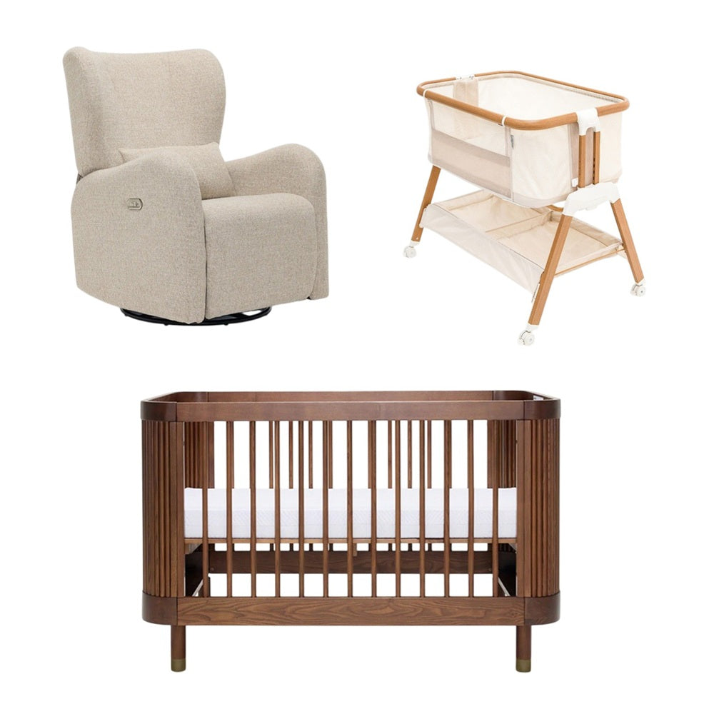 The BabyRest Alfie + Juno + Celeste Nursery Package by BabyRest features a beige glider chair, cream fabric and wood bedside bassinet with shelf, and dark wood crib with vertical slats, all shown on a white background.
