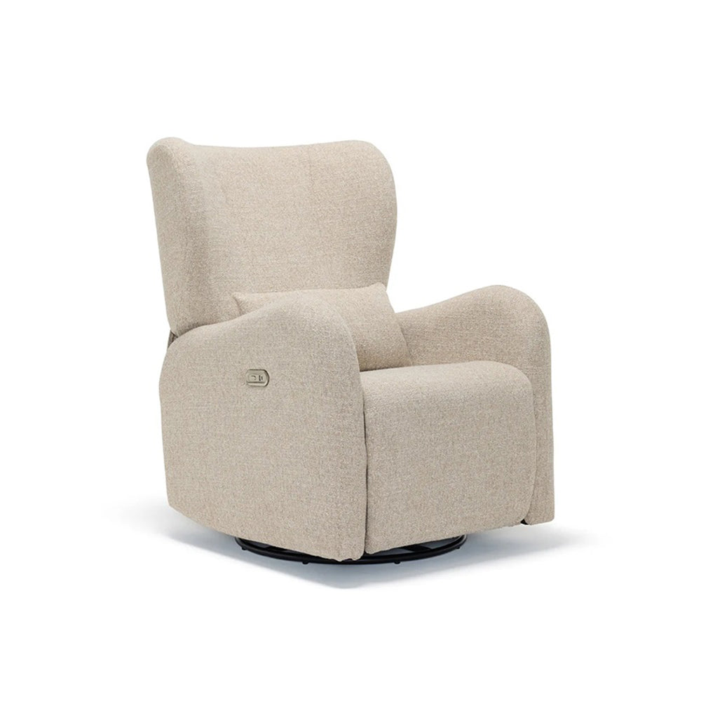 The BabyRest Celeste Electric Nursery Chair Pebble Weave features a high backrest, ergonomic armrests, a small pillow, black swivel base, and side control panel for seat adjustments—perfect as a nursing chair.