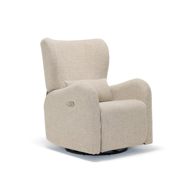 The BabyRest Celeste Electric Nursery Chair Pebble Weave features a high backrest, ergonomic armrests, a small pillow, black swivel base, and side control panel for seat adjustments—perfect as a nursing chair.