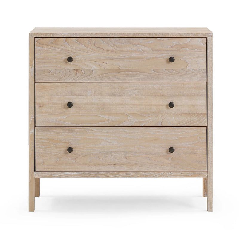 The BabyRest Grove Chest by BabyRest is a light wood dresser with three wide, soft-close drawers featuring round black knobs. Its modern design and visible wood grain make it perfect for any nursery.