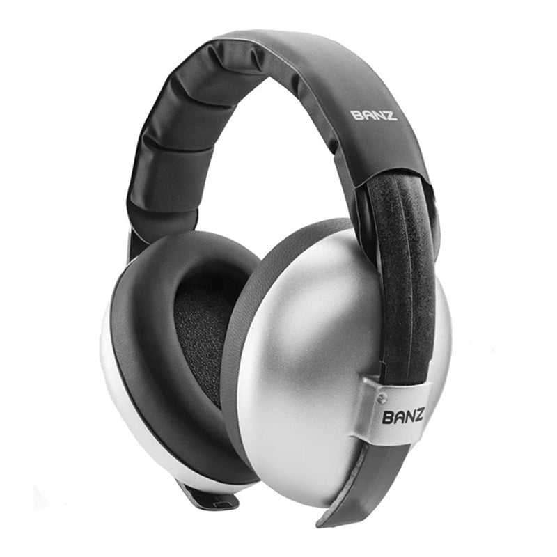 Banz Baby Ear Muffs are over-ear noise-canceling headphones for babies, featuring a padded black headband and large silver ear cups with "Banz" branding on the headband and ear cup hinges.