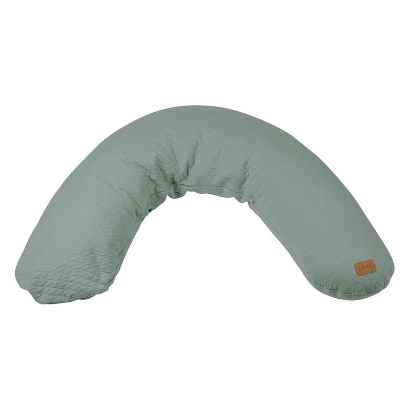 The Beaba Big Flopsy Maternity & Nursing Pillow in Sage Green is a U-shaped, quilted pillow with a small brown label, designed for ergonomic support, shown against a white background.