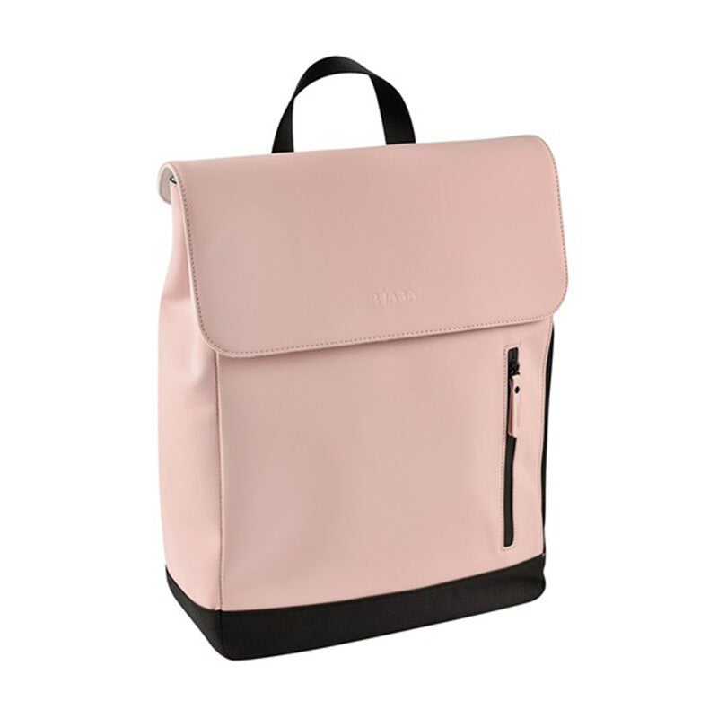 The Beaba Oslo Nappy Bag Backpack by Beaba is a minimalist pink unisex bag with a black base, front black zipper pocket, and top black handle, displayed on a plain white background.
