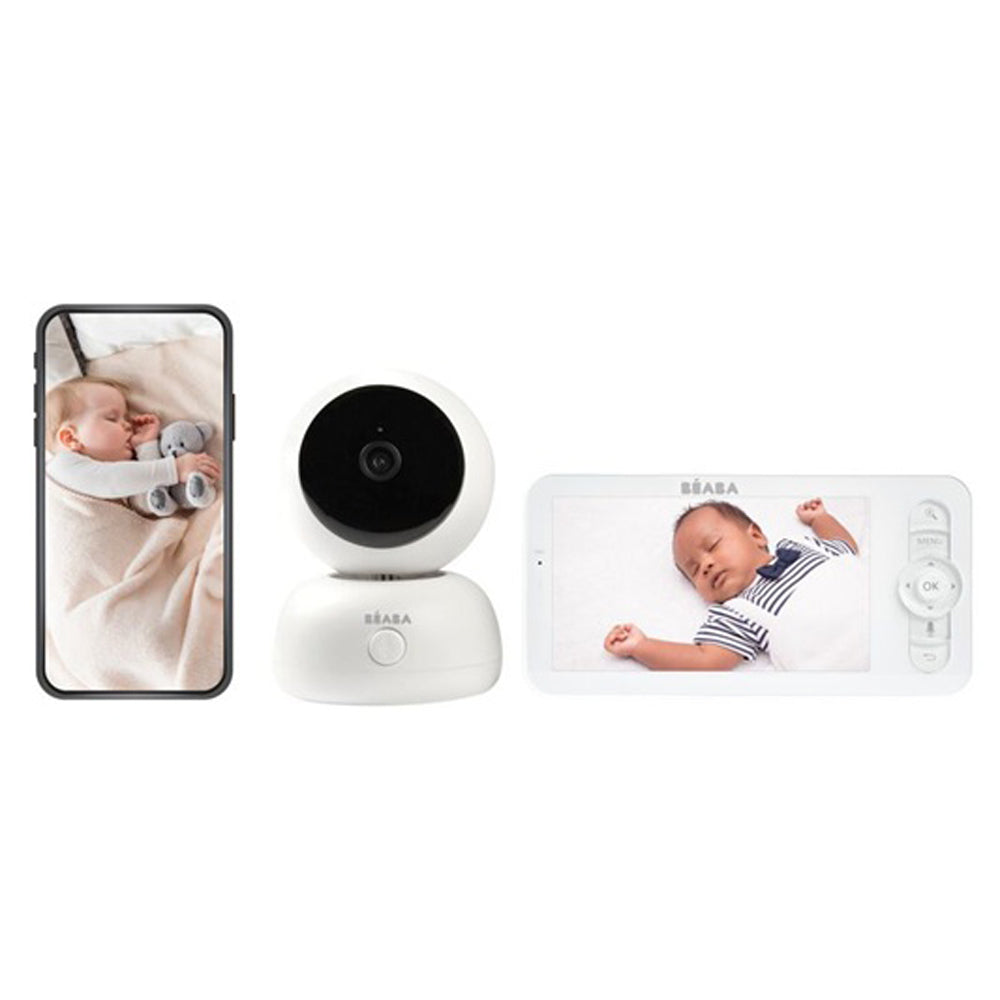 The Beaba Zen Premium Video Baby Monitor by Beaba streams night vision video of your sleeping baby to your smartphone and a separate monitor, using a central round camera for clear, real-time viewing.