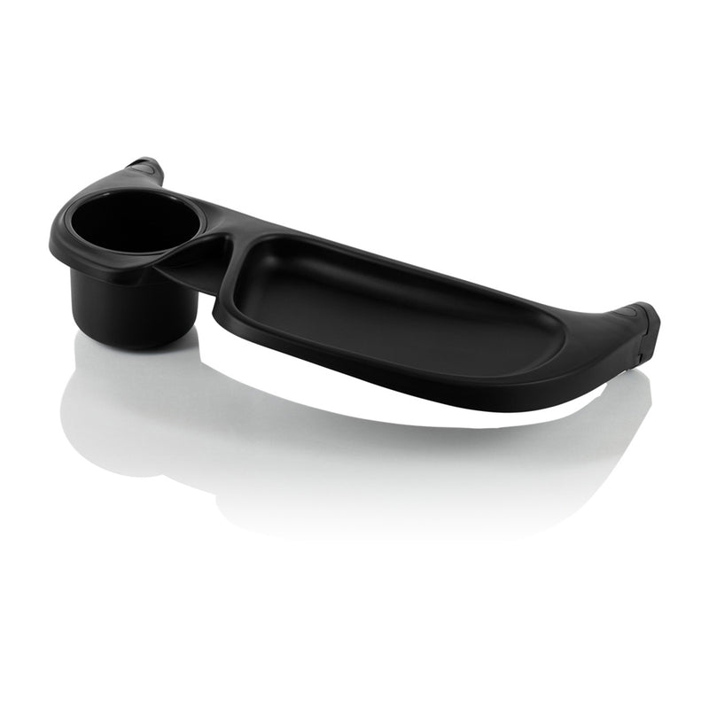 The Britax Safe-n-Sound Aptana Snack Tray is a black plastic accessory with a built-in cup holder and compartment, designed to attach to stroller armrests—an essential add-on for your Britax Safe-n-Sound stroller.