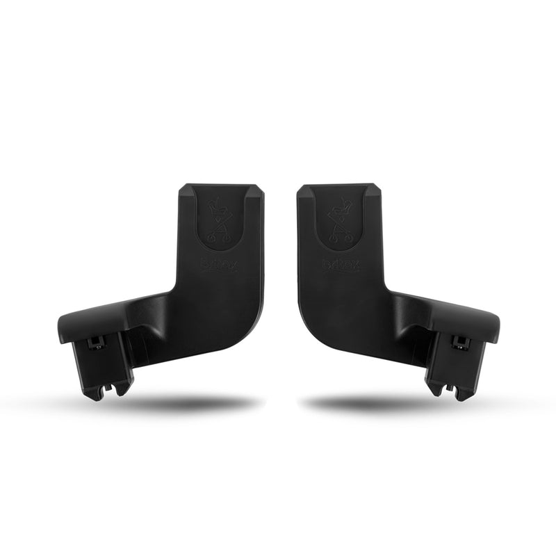 Two black Britax Safe-n-Sound Click & Go Baby Capsule Adaptors Aptana with angled arms are shown on a white background, designed for connecting your Britax Aptana stroller to a travel system.