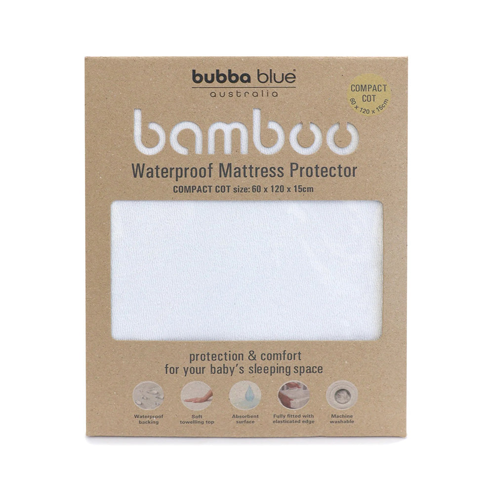 Brown packaging for the Bubba Blue Bubba Bamboo Compact Cot Mattress Protector (60x120x15 cm) features a small fabric window and icons indicating it's waterproof, breathable, machine washable, and fitted.