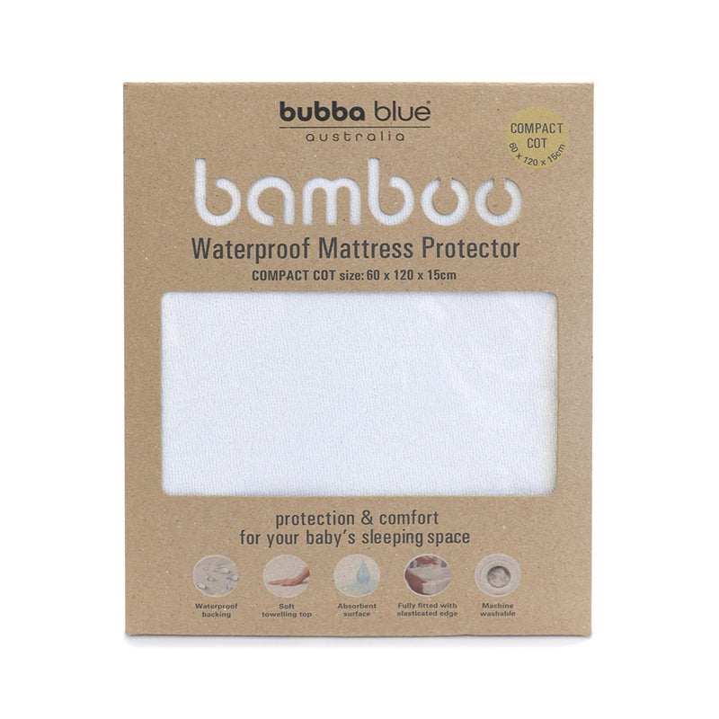 Brown packaging for the Bubba Blue Bubba Bamboo Compact Cot Mattress Protector (60x120x15 cm) features a small fabric window and icons indicating it's waterproof, breathable, machine washable, and fitted.