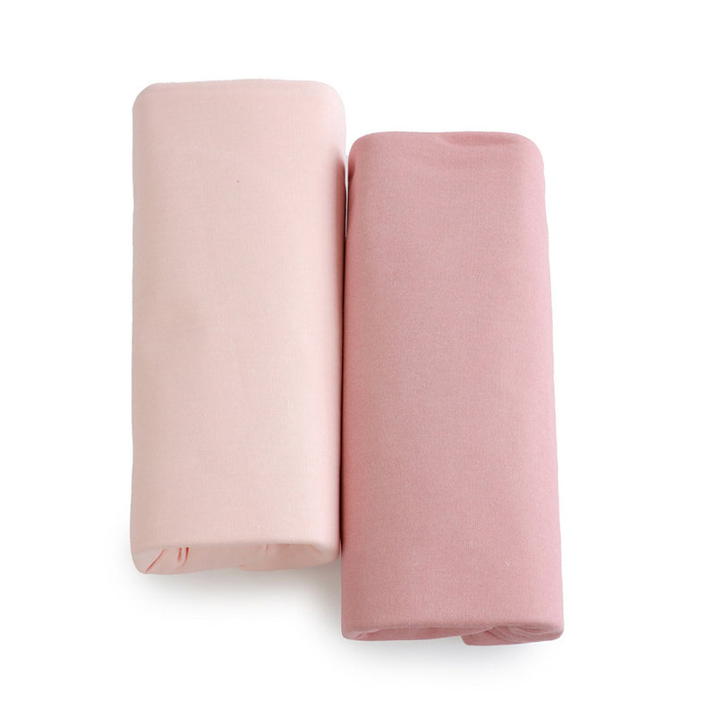 The Bubba Blue Bubba Sundae 2PK Jersey Cot Fitted Sheets feature two soft bamboo jersey sheets in light pink and dusty rose—perfect options for nursery bedding.