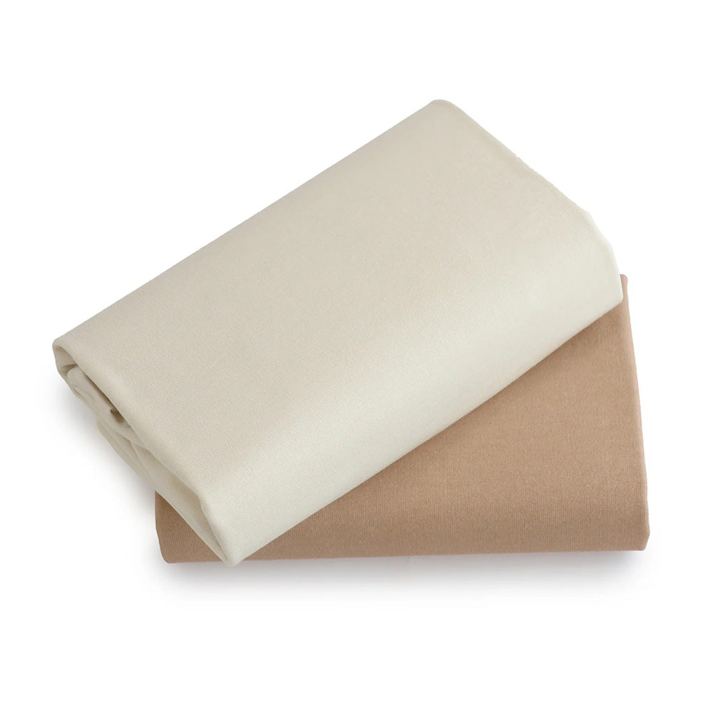 The Bubba Blue Bubba Sundae 2PK Waterproof Change Pad Covers, in cream and light brown bamboo jersey, are neatly displayed on a white background—ideal for enhancing any nursery collection.