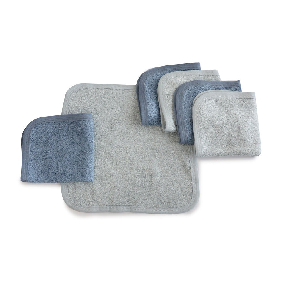 A set of six Bubba Blue Bubba Sundae 6PK Face Washers in soft blue and gray shades with rounded corners and matching trims—perfect bath essentials for your nursery, neatly displayed on a white background.