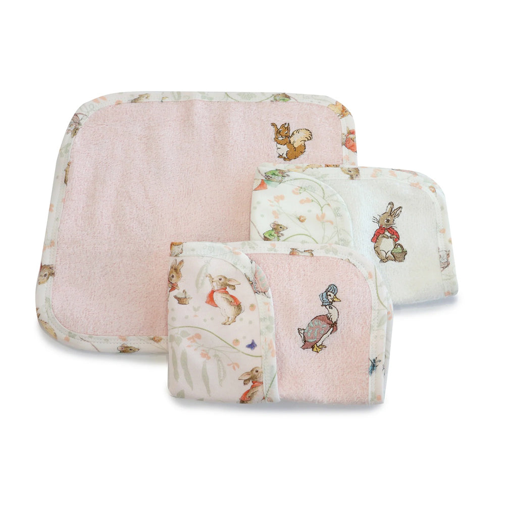 The Bubba Blue Flopsy Mopsy & Cottontail 3PK Face Washers feature soft pastel towelling with classic storybook animal prints, making a charming set of baby bath accessories by Bubba Blue.