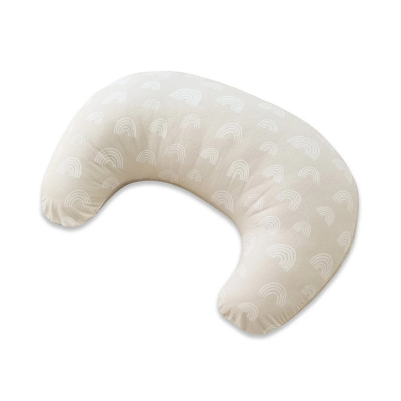 The Bubba Blue Nordic Nursing Pillow Sand by Bubba Blue is a beige U-shaped pillow with a soft cover featuring a white rainbow pattern, designed to support breastfeeding during infant feeding.
