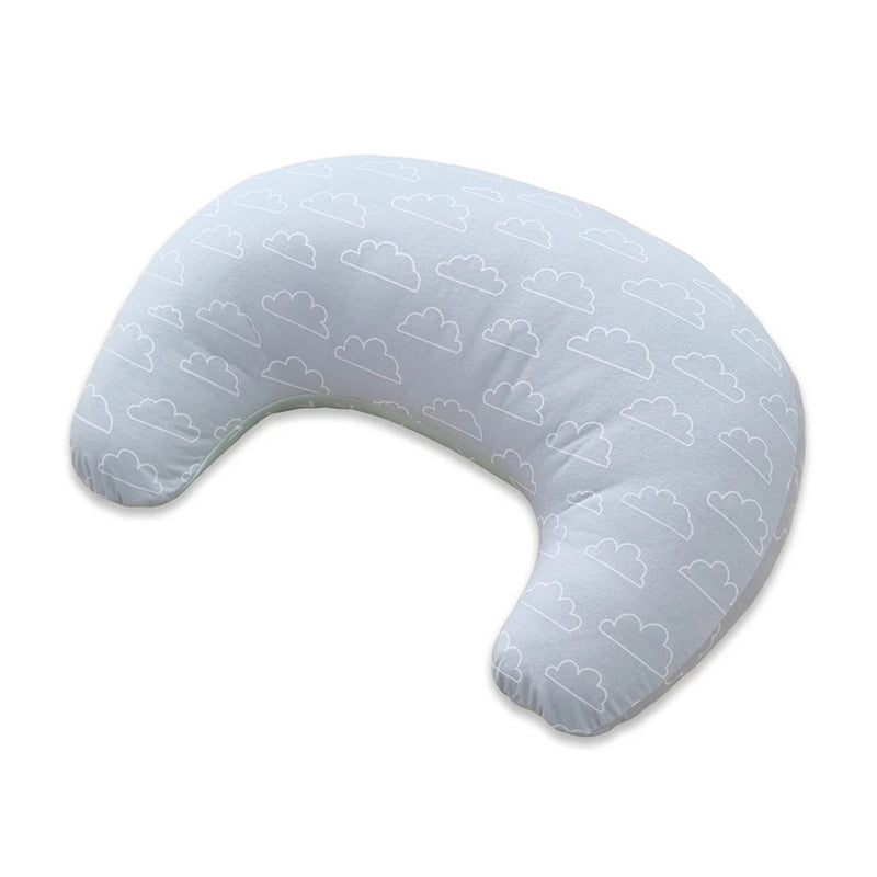 The Bubba Blue Nordic Nursing Pillow Sky is a light gray, U-shaped breastfeeding pillow with a white cloud pattern and washable cover from Bubba Blue, shown on a white background.