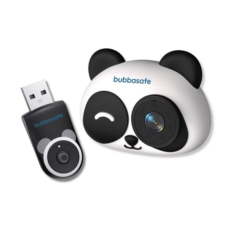 The Bubbasafe Baby View Panda, a black and white panda-shaped baby car camera with matching USB receiver, is shown on a white background—an adorable rear seat camera from Bubbasafe for added safety.