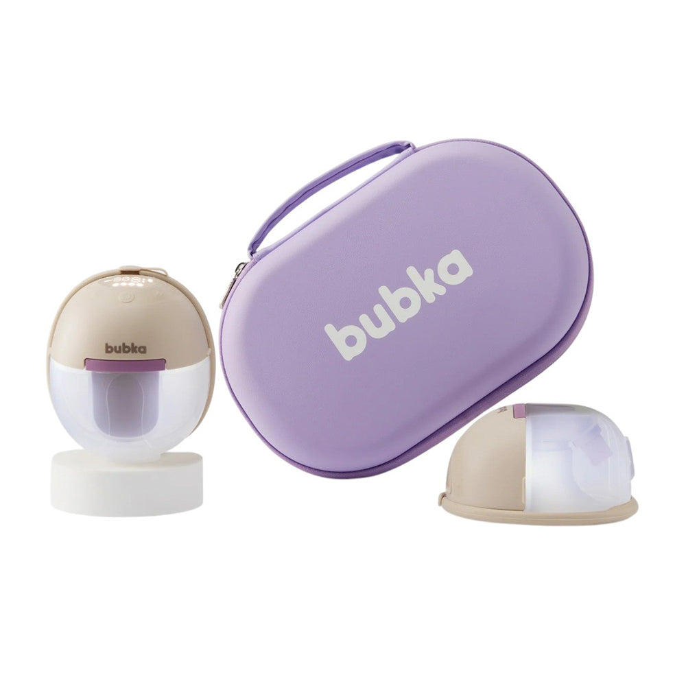 A purple Bubka case is beside the Bubka Glow Wearable Breast Pump Double in beige and clear, with its lid and base, plus a detached beige lid—all arranged on a white background.
