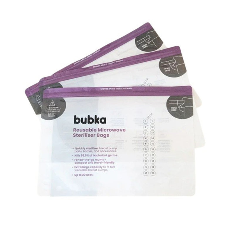 Bubka Steam Steriliser Bags 10 Pack: Reusable microwave bags with clear instructions and icons for sterilizing items like breast pump parts. Each bag can be used up to 20 times. Brand: Bubka.