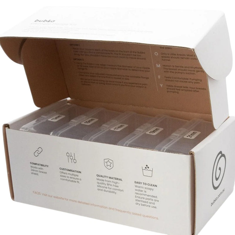 The Bubka Universal Silicone Flange 10pk by Bubka comes in a white box with five transparent containers for different flange sizes, ensuring comfort. The inner lid shows instructions, and front icons show quality, customization, and easy cleaning.