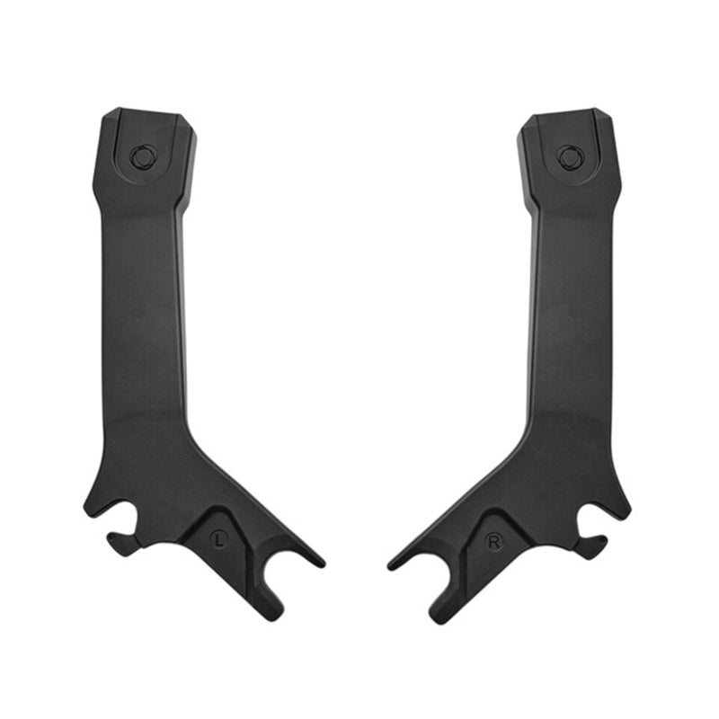 The Bugaboo Butterfly 2 Car Seat Adapters by Bugaboo are two black, L-shaped metal brackets labeled "L" and "R," shown side by side on a white background, allowing easy click-and-go car seat compatibility.