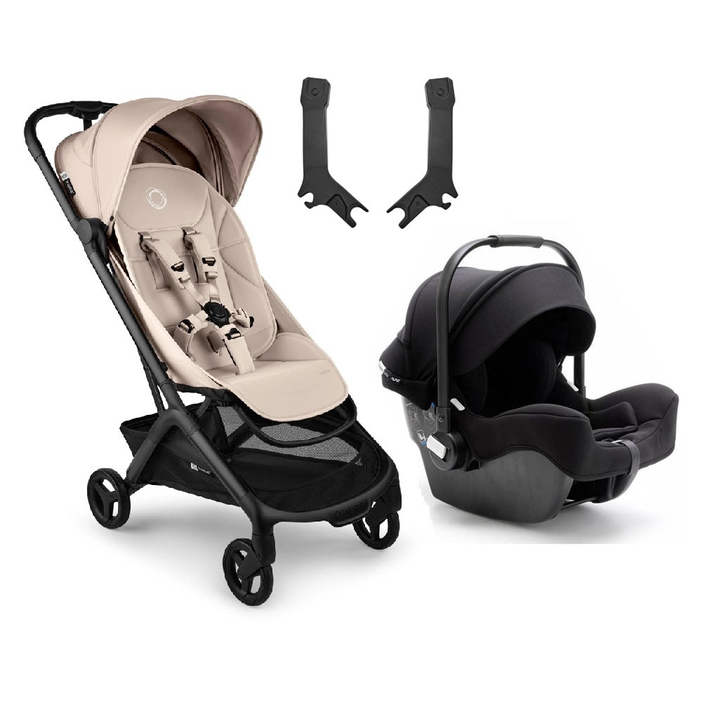 The Bugaboo Butterfly2 Stroller + Bugaboo Turtle Capsule Bundle by Bugaboo in beige with a black frame and black car seat adapters, shown on a white background—the ideal travel system.