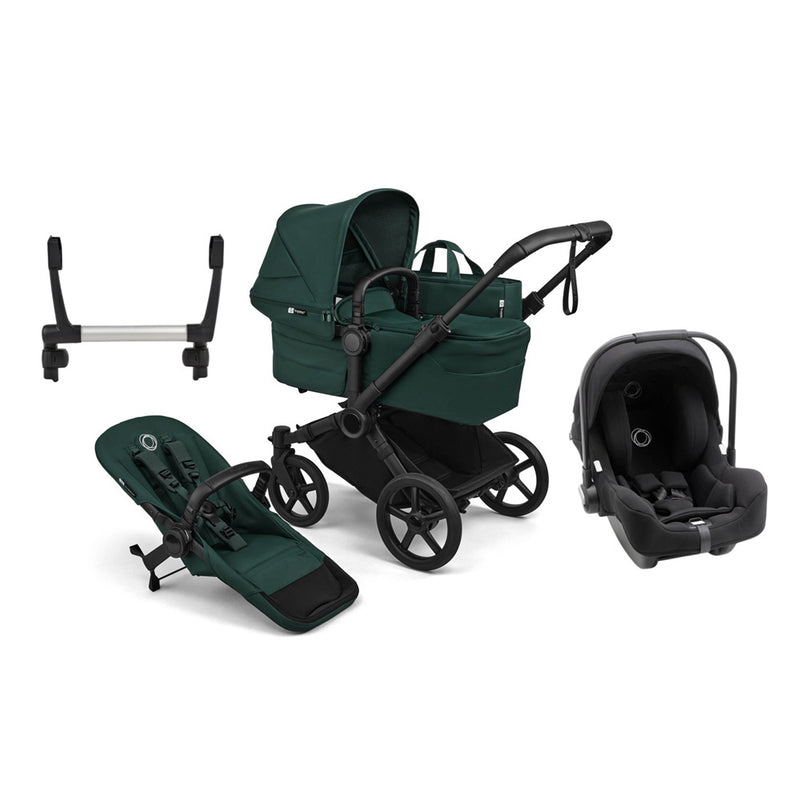 The Bugaboo Donkey 6 2-In-1 Pram + Bugaboo Turtle Capsule Bundle by Bugaboo is a green and black convertible travel system with bassinet, car seat, stroller seat, and metal attachment—shown on a white background.