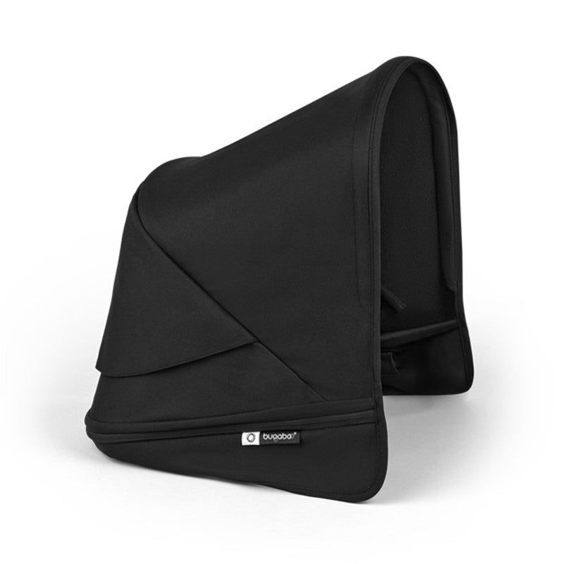 The Bugaboo Donkey 6 sun canopy by Bugaboo is black with a curved design and UPF 50+ protection, featuring the Bugaboo logo on the side, shown against a white background.