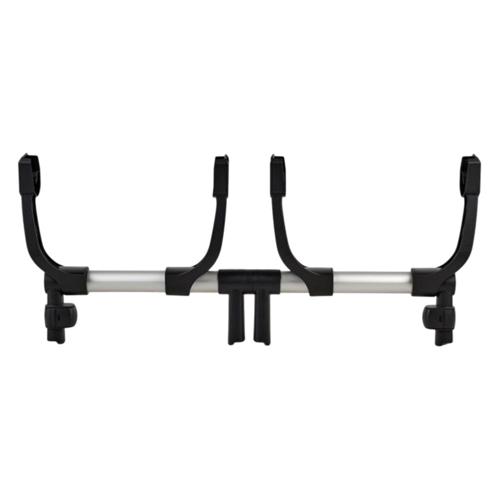 The Bugaboo Donkey Car Seat Adapters - Twin Black by Bugaboo feature a metal frame and two pairs of black plastic hooks, allowing secure attachment of two infant car seats to your stroller for twin use.