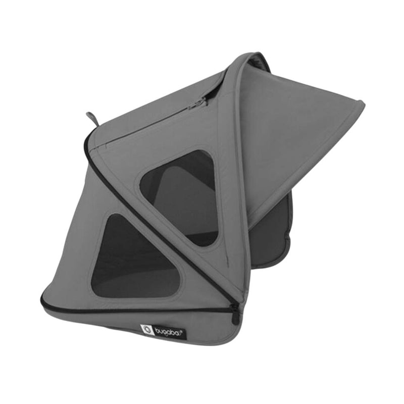 The Bugaboo Dragonfly Breezy Sun Canopy by Bugaboo is shown in gray with mesh windows, partially unzipped and open against a white background. This stroller sunshade provides comfort and protection for your baby.