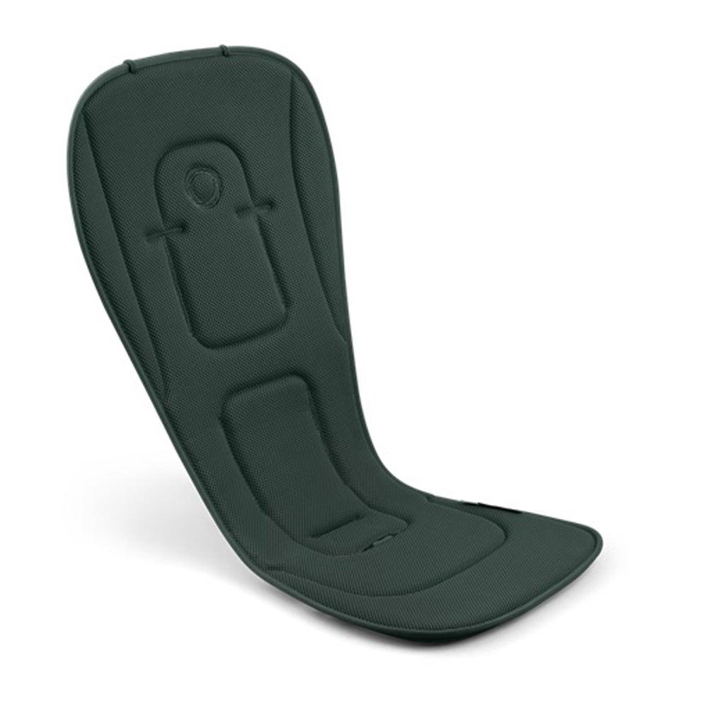 The Bugaboo Dual Comfort Seat Liner by Bugaboo is a dark green, contoured, padded liner for strollers and baby carriages, displayed upright against a white background.
