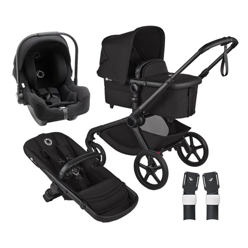 The Bugaboo Kangaroo Complete Pram + Bugaboo Turtle Capsule Bundle by Bugaboo is a black, eco-friendly tandem stroller set with a car seat, bassinet, seat attachment & adapters—ideal as a versatile travel system, shown on a white background.